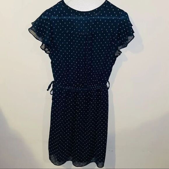 LOFT Navy Blue Polka Dot Ruffle Sleeve V-Neck Tie Waist Dress - Picture 4 of 8